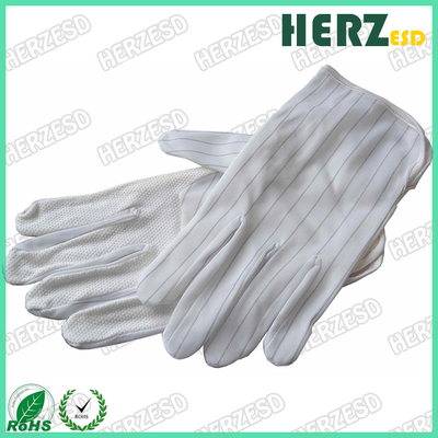 Poliéster rayado blanco 100% de los guantes de la mano del ESD con la línea conductora del carbono cada 10m m